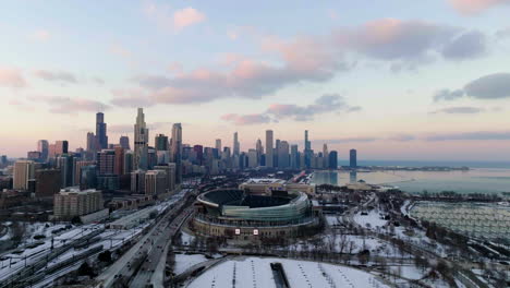 Aerial-view-towards-the-Solider-field-stadium,-winter-morning-in-Chicago,-USA