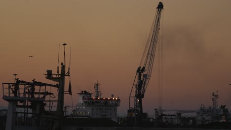 Sines-harbor-in-Portugal,-crane-and-ships,-sunset-sky,-orange-colors-and-flying-bird