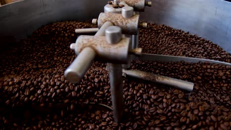 Close-up-of-aromatic,-fragrant-golden-brown-coffee-beans-freshly-roasted-in-industrial-coffee-roaster