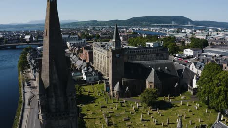 Aerial-view-of-the-Old-High-Church-and-its-graveyard-in-Inverness,-Scotland