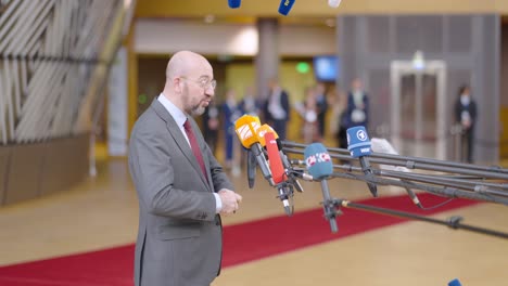 President-of-the-European-Council-Charles-Michel-talking-to-the-press-during-EU-summit-in-Brussels,-Belgium