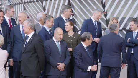 European-Union-heads-of-state-and-government-gather-for-their-official-portrait-at-the-European-Council-summit-in-Brussels,-Belgium---Panning-shot