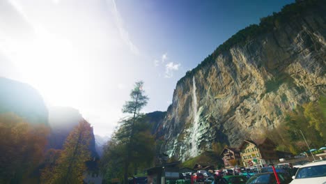 Panorama-Of-Staubbach-Falls-Inside-Valley-In-Lauterbrunnen-In-4k