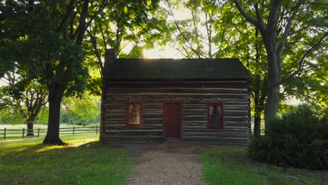Backing-away-from-the-cabin-at-the-Historic-site-at-the-Peter-Whitmer-Farm-location-in-New-York-in-Seneca-County-near-Waterloo-Mormon-or-The-Church-of-Jesus-Christ-of-Latter-day-Saints