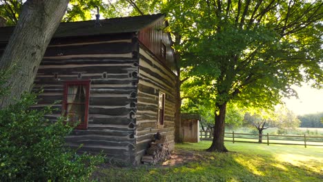 Side-of-the-cabin-or-homestead-at-the-Historic-site-at-the-Peter-Whitmer-Farm-location-in-New-York-in-Seneca-County-near-Waterloo-Mormon-or-The-Church-of-Jesus-Christ-of-Latter-day-Saints