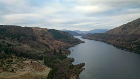 Cinematic-aerial-footage-of-Thirlmere-lake,-reservoir-in-the-Borough-of-Allerdale-in-Cumbria