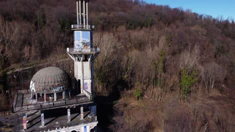 Aerial-Flying-Over-The-Minaret-At-Abandoned-Ghost-Town-Consonno