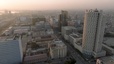 Aerial-View-Of-Habib-Bank-Plaza-And-United-Bank-Limited-Building-In-Karachi-Against-Orange-Sunset-Sky