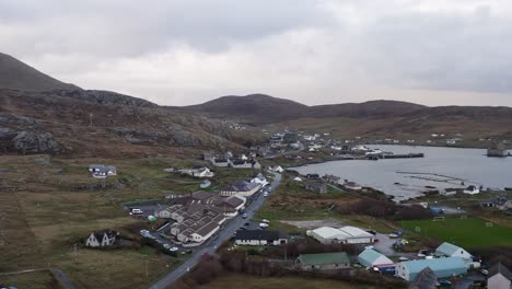 Static-drone-shot-of-Castlebay-and-the-surrounding-area