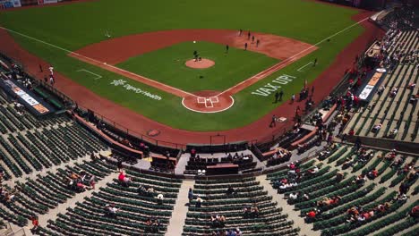 Gimbal-shot-tilting-up-from-rows-of-seats-to-the-field-of-Oracle-Park-in-San-Francisco,-California