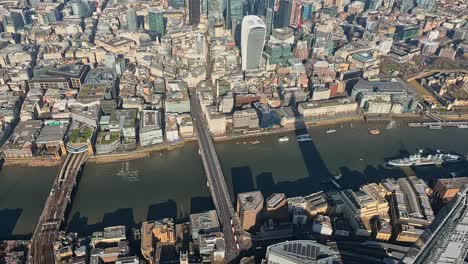 Aerial-View-of-the-track-from-Elephant-and-Castle,-the-Shard-to-London-City-Towers-and-Liverpool-Street-Station,-London,-UK