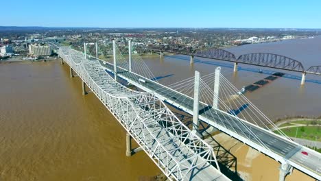 4K-Luftbild,-Louisville,-Kentucky,-Stadtverkehr,-Flussbrücke,-Überführungskreis
