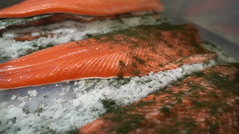 Green-dill-herb-sprinkled-over-raw-fresh-salmon-fillet-in-slow-motion---Graved-salted-salmon-production