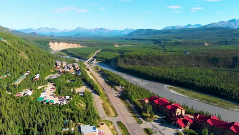 4K-Drone-Video-of-Denali-Park-Village-along-the-Nenana-River-on-the-George-Parks-Highway-Alaska-Route-3-Near-Denali-State-Park,-AK