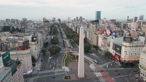 Aerial-establishing-shot-of-Buenos-Aires-obelisk-and-9-de-Julio-avenue-on-a-cloudy-day