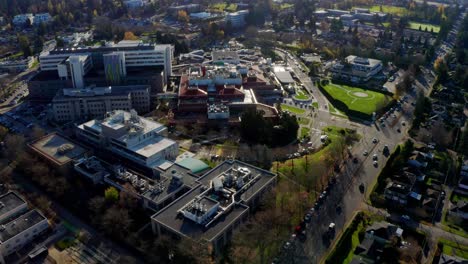 Cinematic-drone-shot-of-BC-Children's-Hospital-healthcare-complex-in-Vancouver-BC-Canada