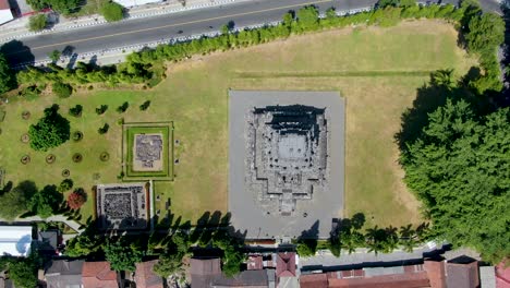 Ancient-Mendut-temple-in-Buddhist-monastery-on-Java,-Indonesia,-aerial-top-down