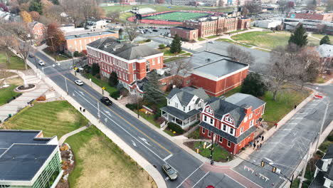 Aerial-establishing-shot-of-university-college-campus-and-school-in-USA