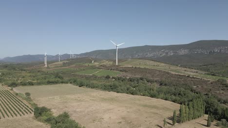 Aerial-rises-over-French-vineyards-in-green-valley-with-wind-turbines