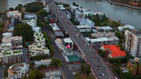 Fly-Over-Cars-Driving-Across-The-Story-Bridge-In-Kangaroo-Point,-Brisbane,-Queensland,-Australia