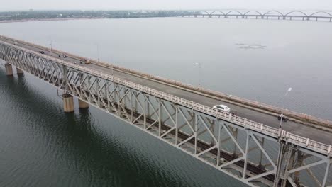Godavari-Bridge-From-Aerial-View,-Eastern-banks-of-the-Rajahmundry