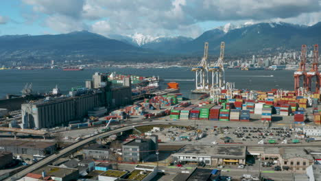 Aerial-view-over-a-busy-port-in-picturesque-Vancouver-Harbour