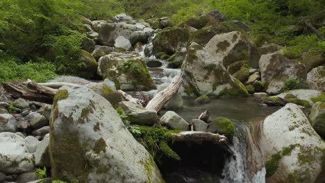 Mit-Moos-Bedeckte-Felsbrocken-Im-Reinen-Wasser-Des-Flusses-Mt.-Daisen,-Japan