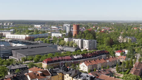 High-altitude-drone-view-of-Norrkoping-living-district-with-green-trees