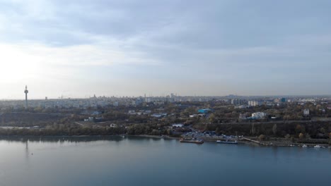 Aerial-View-On-Danube-River-And-Galati-City-In-Romania-During-Sunset---drone-shot