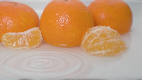 Extreme-close-up-Mandarin-Slices-fall-into-water-surface,-Slow-motion---Fruit-Concept