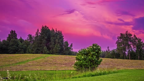 Wunderschöne-Landschaftsaufnahme-Von-Feldern-Und-Wiesen-Bei-Sonnenuntergang