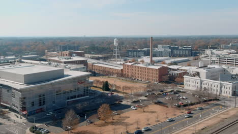 Aerial-Approaching-Repurposed-Historic-Durham-American-Tobacco-Factory