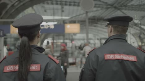 Deutsche-Bahn-security-officials-patrol-platform,-Berlin-Central-Station