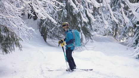 Skifahrer-Im-Verschneiten-Wald-Wartet-Auf-Hund-Und-Rutscht-Davon