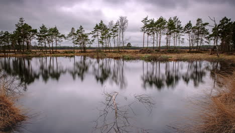Time-Lapse-of-Pietzmoor,-Lüneburger-Heide-with-Reflection-and-Dramatic-Clouds