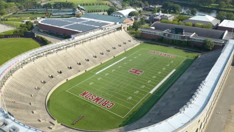 Aerial-Drone-Flight-Over-Harvard-Crimson-Football-Stadium