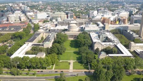 Birds-Eye-Aerial-View-of-MIT's-Famous-Great-Dome-Building-in-Cambridge,-Mass