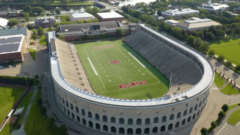 Aerial-Orbiting-Shot-of-Harvard-University-Football-Stadium