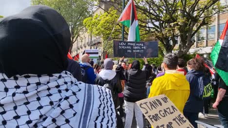 Contemplando-La-Soldadura-Del-Pueblo-Irlandés-Mujer-Palestina-Apoyando-Una-Protesta-Palestina-En-Dublín-Con-Carteles-De-Personas