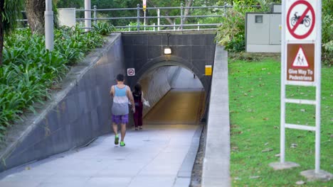 Gente-Caminando-En-Emperatriz-Hacia-Un-Túnel-Peatonal,-Centro-De-Singapur