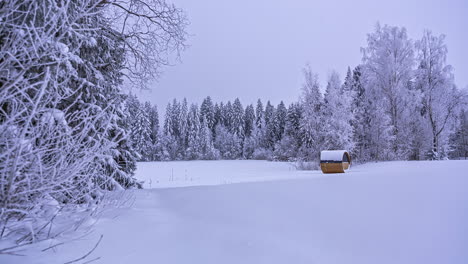 Remote-barrel-sauna-in-snow-covered-meadow-surrounded-by-pine-forest,-cloudy