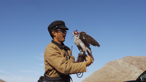 Young-Male-Falcon-Trainer-Removes-Leather-Blind-Hood-Hawk-Flies-Away