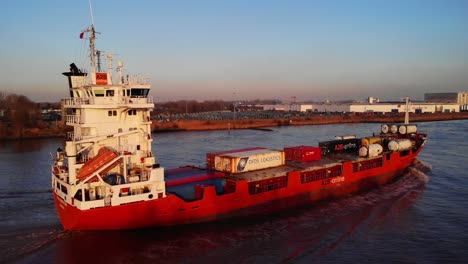 Aerial-Tracking-Alongside-Starboard-Side-Of-A2B-Ambition-Cargo-Vessel-Along-Oude-Maas