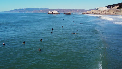 Large-group-of-surfers-sitting-and-paddling-out-in-the-ocean-waiting-for-a-set-of-waves-in-San-Francisco,-California