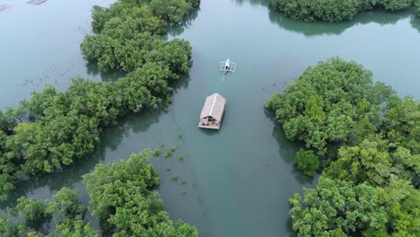 A-small-boat-towing-a-floating-cottage-in-a-mangrove-forest-in-a-tourist-spot-in-the-Philippines