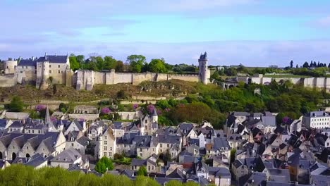 Panning-aerial-clip-shot-of-the-one-thousand-year-old-medieval-Fortress-Chinon