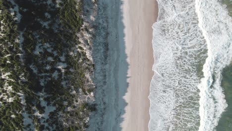 Drone-Birdseye-view-pulling-out-from-Magenta-Beach-as-the-waves-crash-along-the-shore