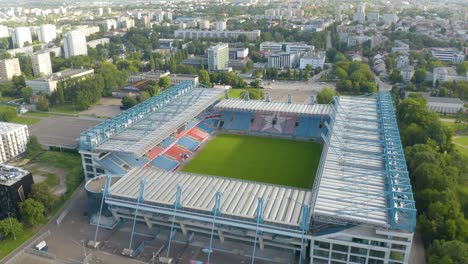 Cinematic-Establishing-Shot-Above-Henryk-Reyman-Stadium,-Home-of-Wisla-Krakow-Football-Club