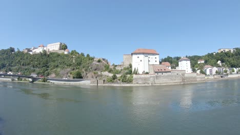 Oberhaus-and-Niederhaus-castles-on-bank-of-Danube-river-in-Passau-Germany