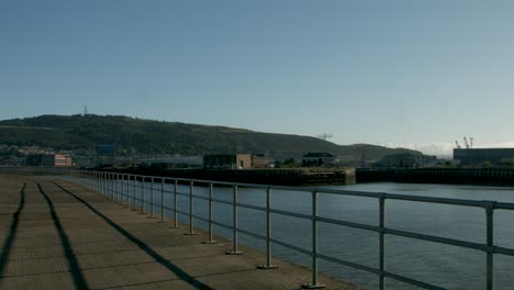 Shot-of-Swansea-Marina-Dockyards-with-Lovely-Blue-Sky-at-Sunrise